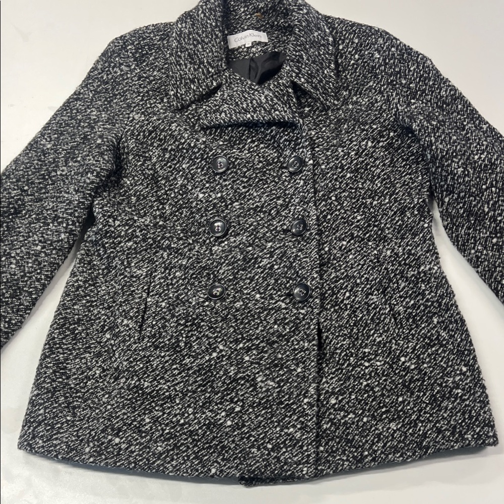 Calvin Klein Black & White Tweed Double-Breasted Pea Coat